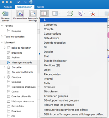 Triez votre courrier de différentes manières en cliquant sur Organiser > par > et en sélectionnant dans la liste des options