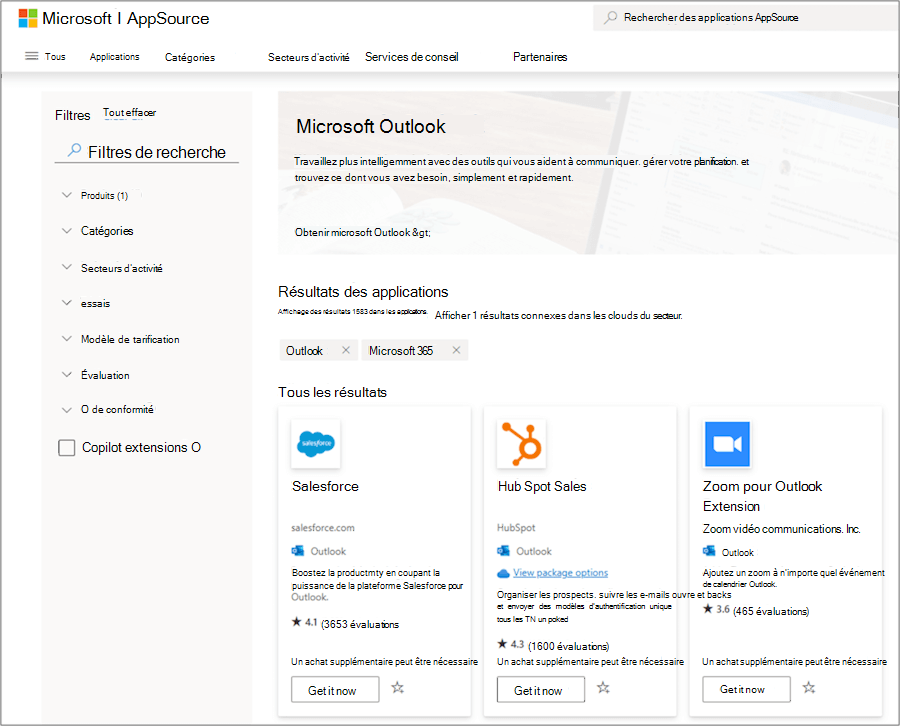 Compléments Microsoft Outlook dans AppSource
