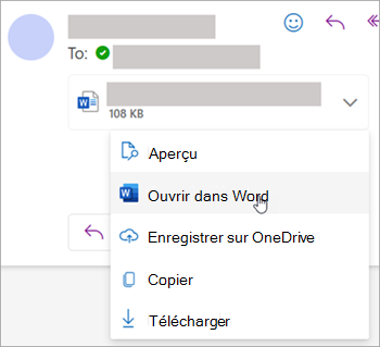 Capture d’écran montrant la liste déroulante pour ouvrir une pièce jointe dans Word