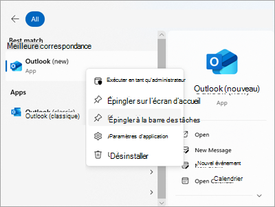Capture d’écran montrant Outlook dans Démarrer avec Épingler à la barre des tâches