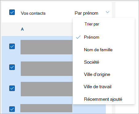 Capture d’écran des options de tri des contacts
