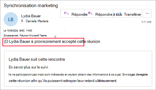 Capture d’écran des organisateurs qui n’utilisent pas le nouvel Outlook, montrant que le participant a provisoirement accepté la réunion