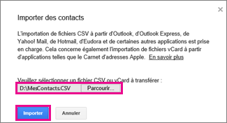 Google Gmail - boîte de dialogue d’importation de contacts