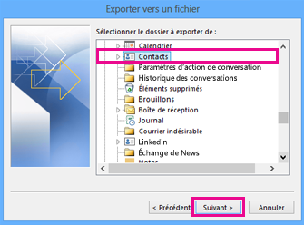 Assistant Exportation Outlook - Choisir les contacts