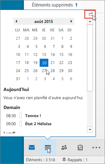 Aperçu du calendrier avec l’icône d’ancrage mise en évidence