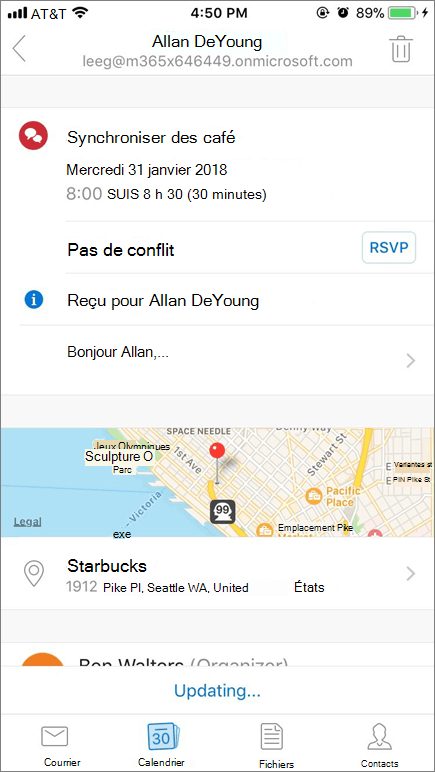La capture d’écran illustre l’écran d’un appareil mobile avec un élément d’invitation de calendrier.