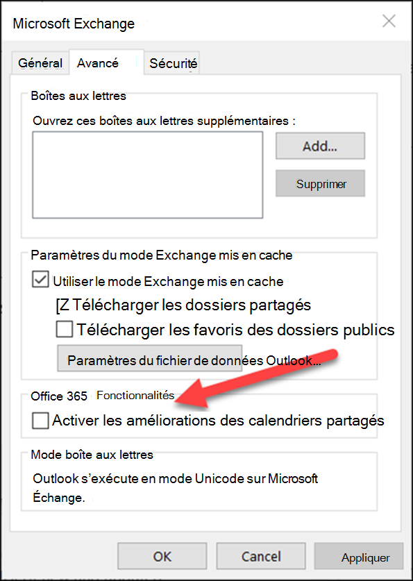 Vous pouvez activer les améliorations du calendrier partagé avec une case à cocher.