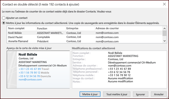 Choisissez ce que vous souhaitez faire avec les contacts en double.