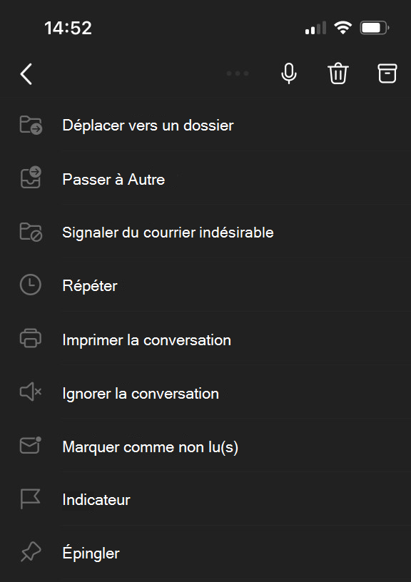 Menu Ellipse en haut de l’écran pour Outlook Mobile