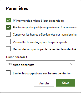 Différentes options de paramètres disponibles pour la planification des organisateurs d’interrogation.
