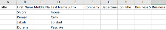 Exemple de fichier .csv Outlook ouvert dans Excel