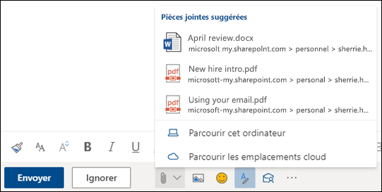 Joindre des fichiers montrant les pièces jointes suggérées