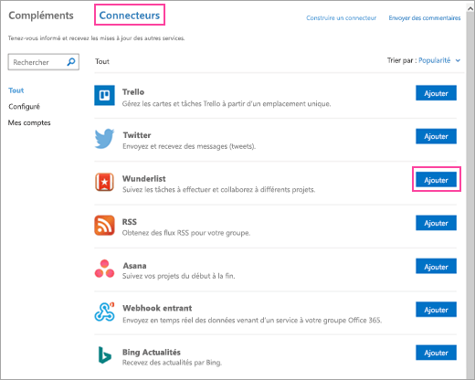 Capture d’écran des services connectés disponibles dans Outlook 2016