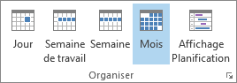 Groupe Organiser sous l’onglet Accueil : Jour, Semaine, Semaine de travail, Mois et Planification