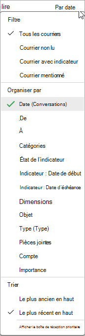 Capture d’écran de la liste déroulante Trier les messages