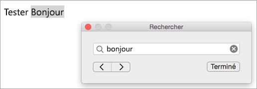 Affiche les résultats de la recherche dans la boîte de dialogue Rechercher et la première instance du terme de recherche mise en surbrillance dans l’élément Outlook