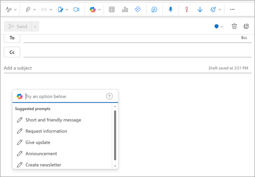 Affiche la page Nouveau courrier Outlook avec une fenêtre d’invite ouverte dans laquelle vous commencez normalement à taper votre courrier électronique.
