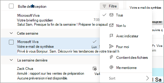 Image montrant les options de filtre via le menu déroulant.