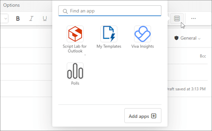 Menu volant Applications du ruban d’un message en cours de composition dans Outlook sur le web et dans le nouvel Outlook pour Windows.