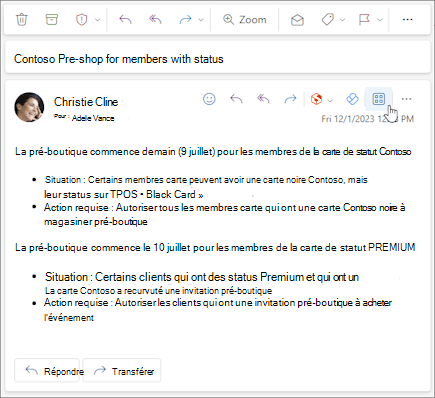 Icône Applications dans la barre d’action d’un message dans Outlook sur le web et dans le nouvel Outlook pour Windows.