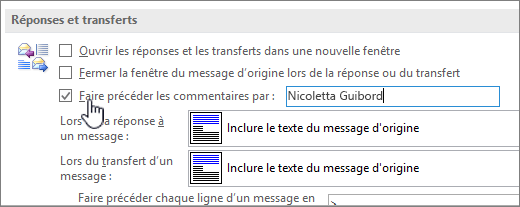 Définition dans Options pour les commentaires inline