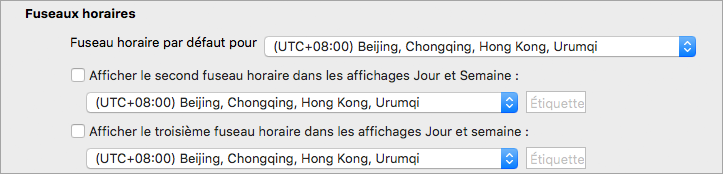 Affiche les deuxième et troisième fuseaux horaires dans les préférences Calendar