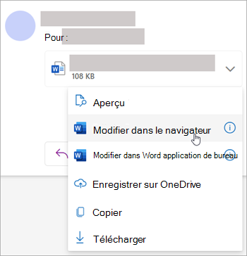 Capture d’écran montrant la liste déroulante des pièces jointes avec l’option Modifier dans le navigateur sélectionnée