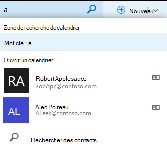 Liste de recherche qui s’affiche quand vous tapez dans la zone de recherche de calendrier des caractères correspondant à un nom  figurant dans votre liste de contacts ou annuaire.