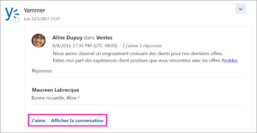 Capture d’écran des boutons d’action dans une carte à partir d’un service connecté