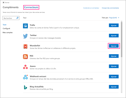 Capture d’écran des services connectés disponibles dans Outlook sur le web