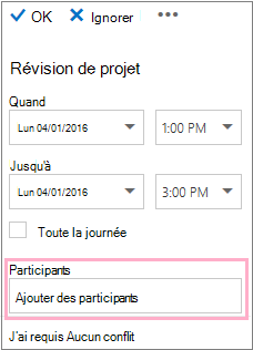 Volet Détails montrant la zone Participants à utiliser avec l’Assistant Planification