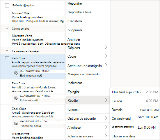 Image montrant l’option répéter dans la liste déroulante.