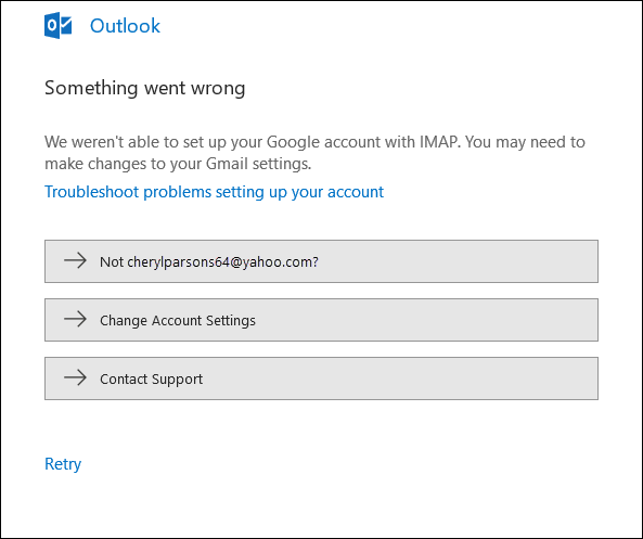 Un problème a été rencontré lors de l’ajout d’un compte de courrier dans Outlook.