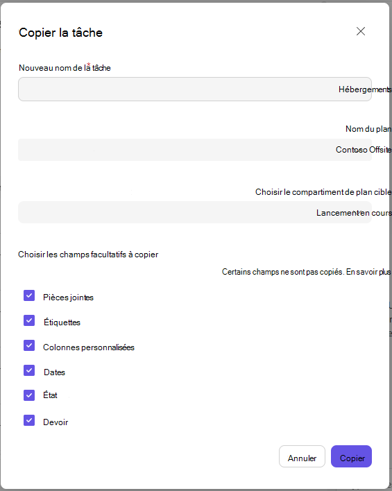 Boîte de dialogue Copier la tâche avec les champs de destination et facultatifs.