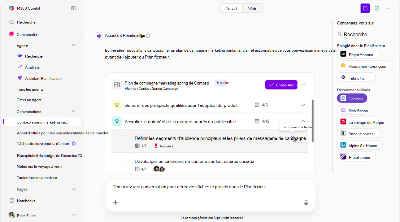 Capture d’écran montrant la modification de la suggestion d’IA de l’agent du planificateur en mode brouillon.