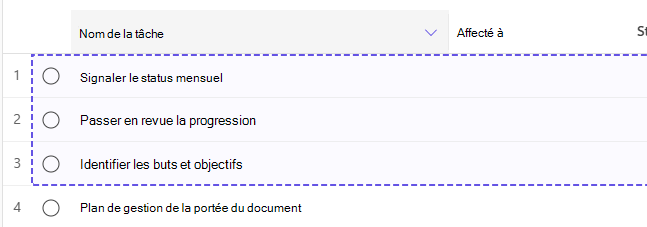Trois tâches sélectionnées dans la vue Grille.
