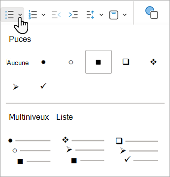 Capture d’écran montrant les différentes options de puce que vous pouvez utiliser dans PowerPoint sur le Web.
