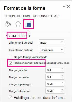 Sélection de Redimensionner la forme pour l’ajuster au texte dans le volet Format de la forme