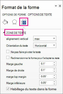 Options de zone de texte dans le volet Format de la forme