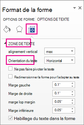 Sélection de l’orientation du texte dans le volet Format de la forme