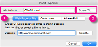 Boîte de dialogue Lien hypertexte dans Office pour Mac