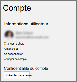Panneau Compte affichant le bouton Confidentialité du compte, Gérer les paramètres