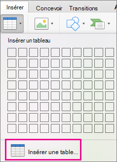 Option de menu Insérer un tableau
