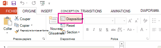L’option Disposition se trouve sous l’onglet Accueil.