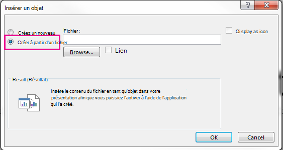 Boîte de dialogue Insérer un objet avec l’option Créer à partir d’un fichier sélectionnée