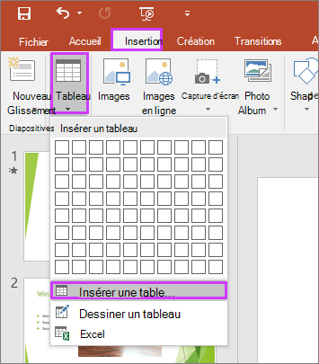 Option Tableau sous l’onglet Insertion du ruban dans PowerPoint
