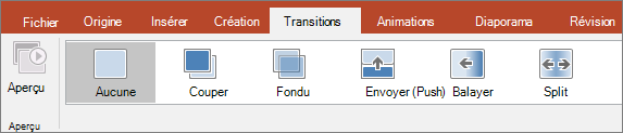 Onglet Transitions sur le ruban dans PowerPoint.