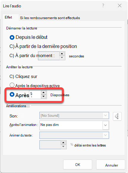 Vous pouvez spécifier le nombre de diapositives sur lesquelles le clip audio sera lu.
