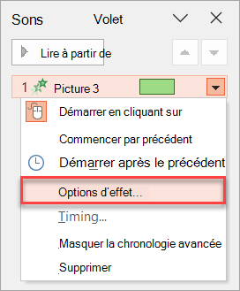 Où trouver les options d’effet dans le volet Animation.