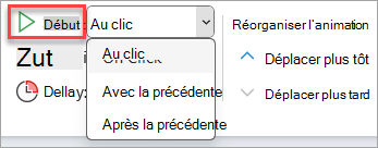 Sélecteur de liste déroulante Démarrer dans Minutage de l’animation.